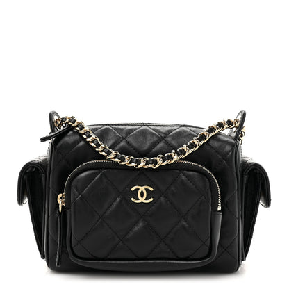 Shiny Crumpled Lambskin Quilted Small Preppy Pocket Camera Case Black