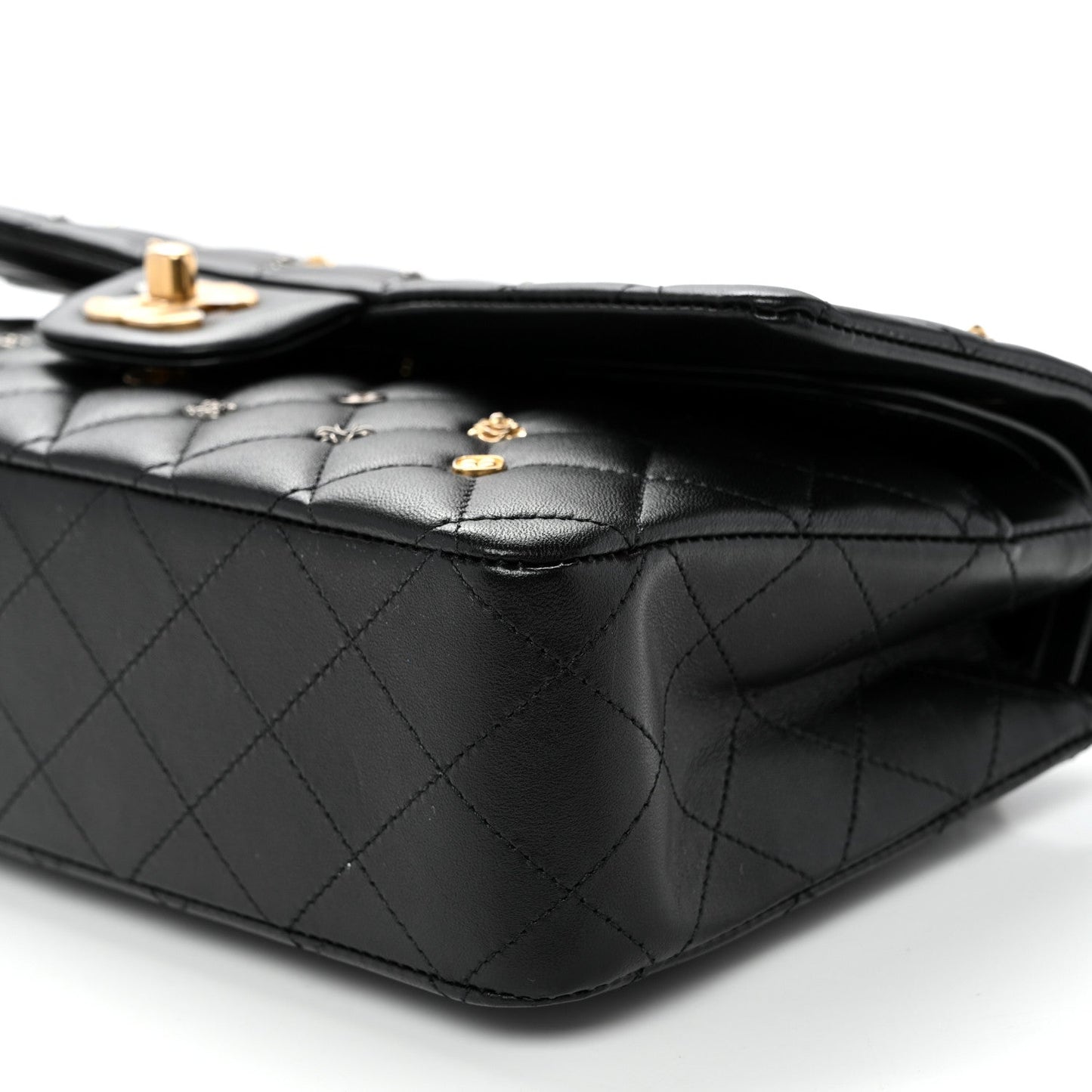 Lambskin Quilted Studded Medium Double Flap Black