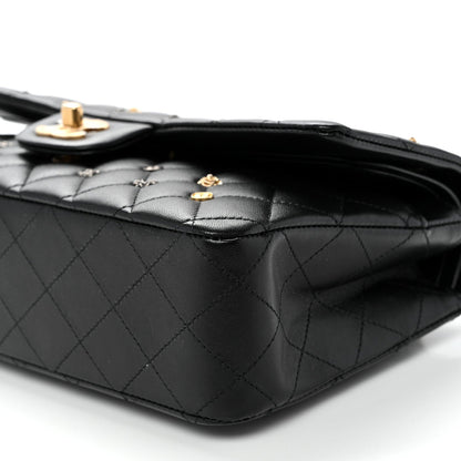 Lambskin Quilted Studded Medium Double Flap Black