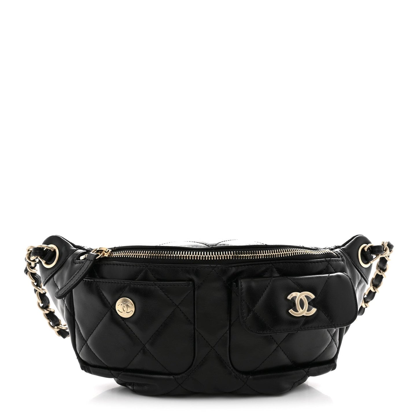 Shiny Aged Calfskin Quilted CC Pockets Jacket Waist Belt Bag Black