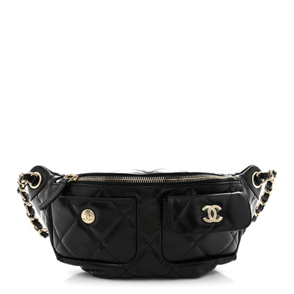 Shiny Aged Calfskin Quilted CC Pockets Jacket Waist Belt Bag Black