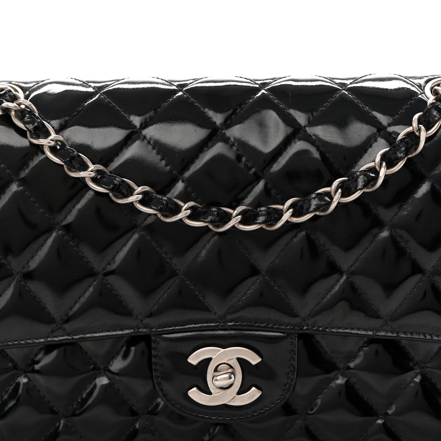 Glazed Calfskin Quilted Medium Double Flap Black