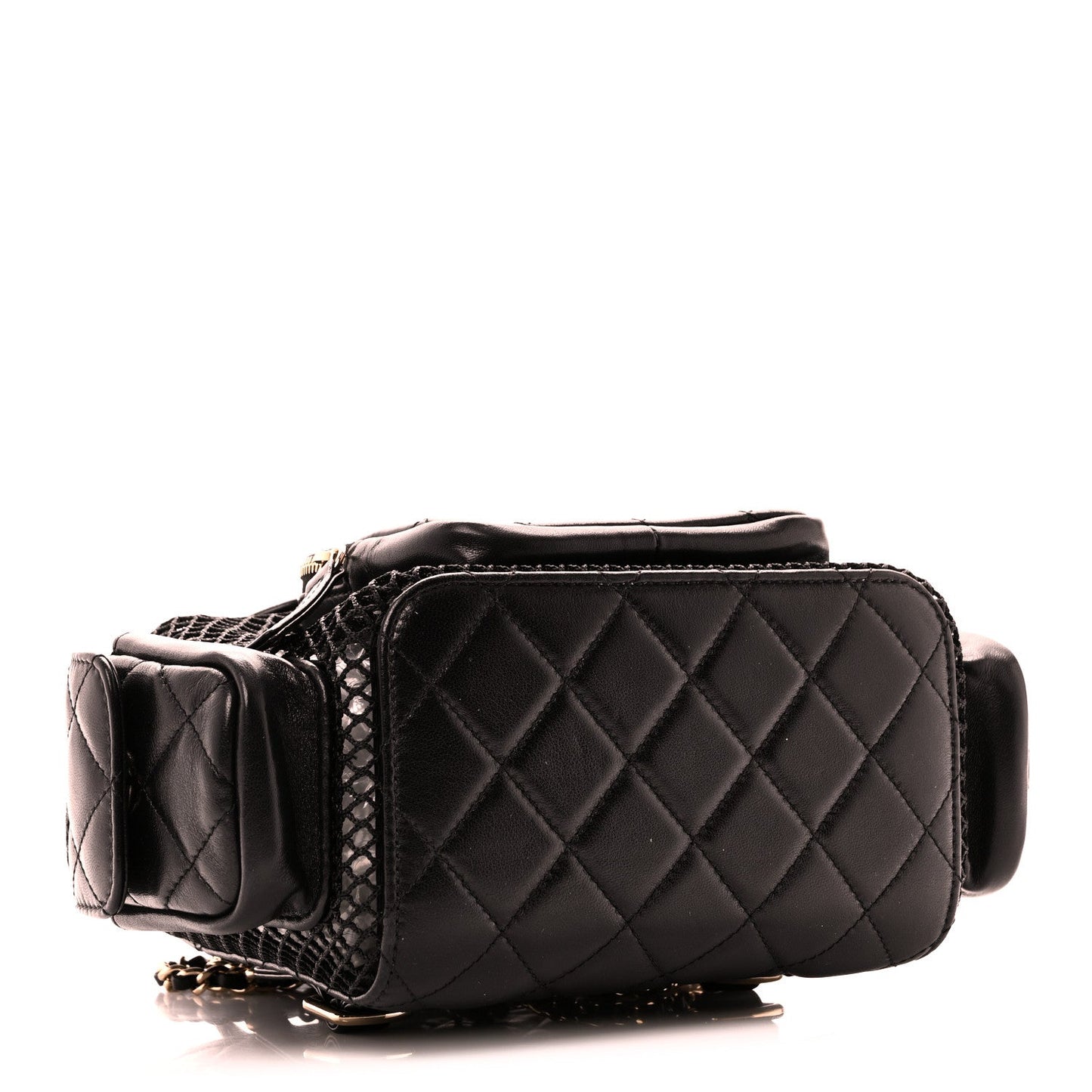 Shiny Lambskin Mesh Quilted Small Cargo Duma Drawstring Backpack Black