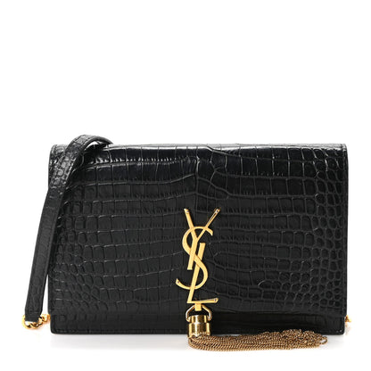 Calfskin Crocodile Embossed Kate Monogram Tassel Chain Wallet Black