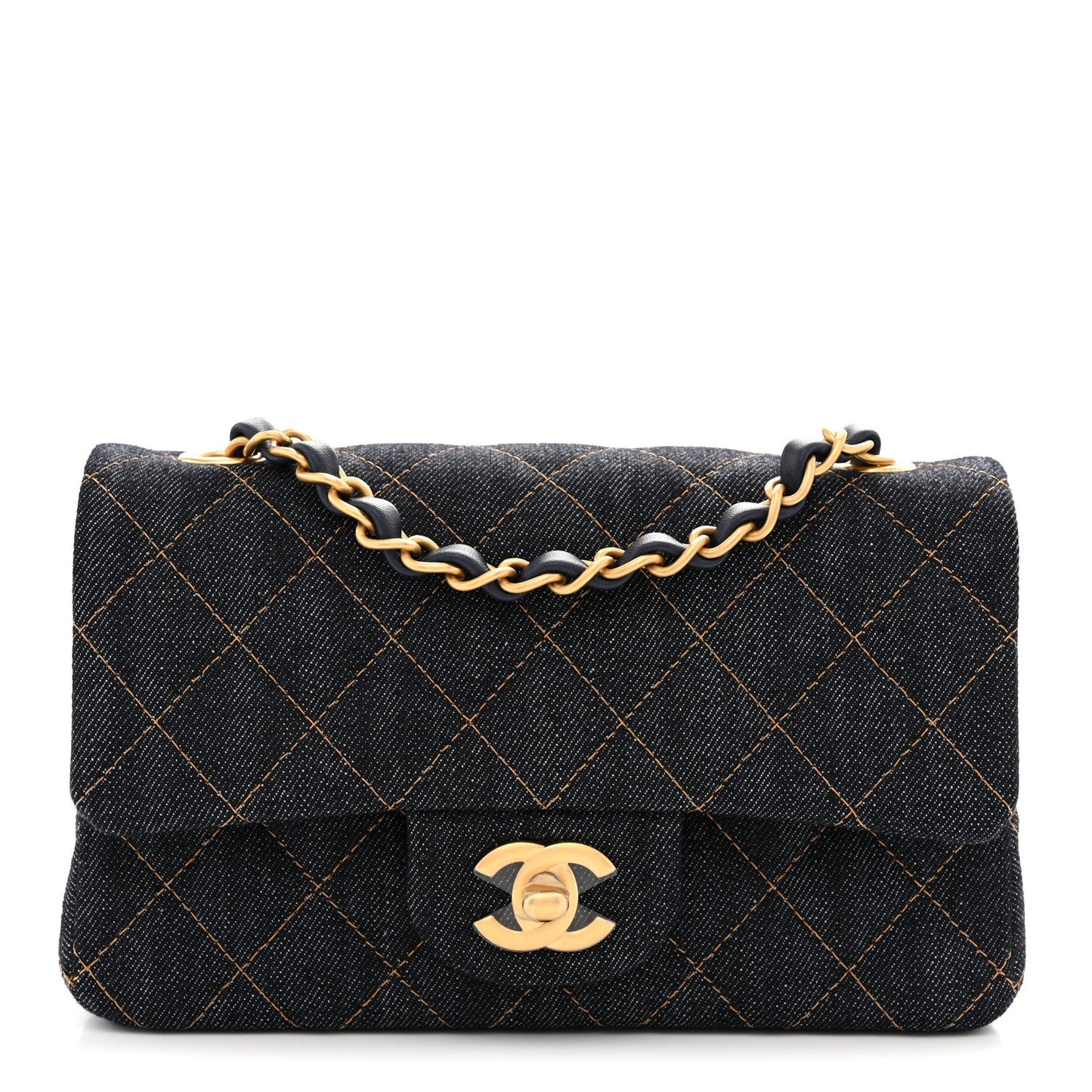 Denim Quilted Mini Rectangular Flap Dark Blue Orange