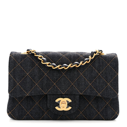 Denim Quilted Mini Rectangular Flap Dark Blue Orange