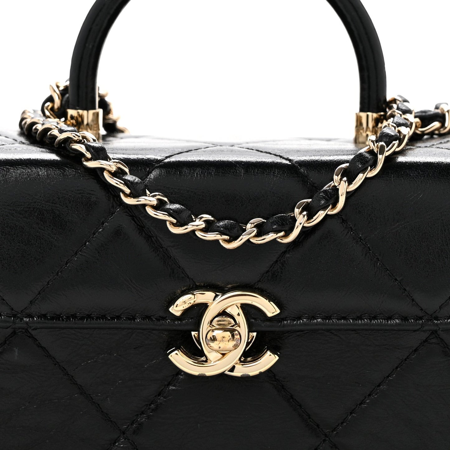 Shiny Calfskin Quilted Top Handle Box Bag Black