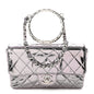 Crumpled Metallic Calfskin Quilted Ring Handle Mini Flap Silver