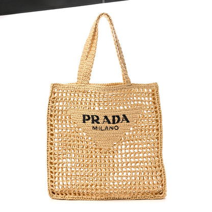 Yarn Raffia Effect Crochet Logo Embroidered Tote Bag Naturale
