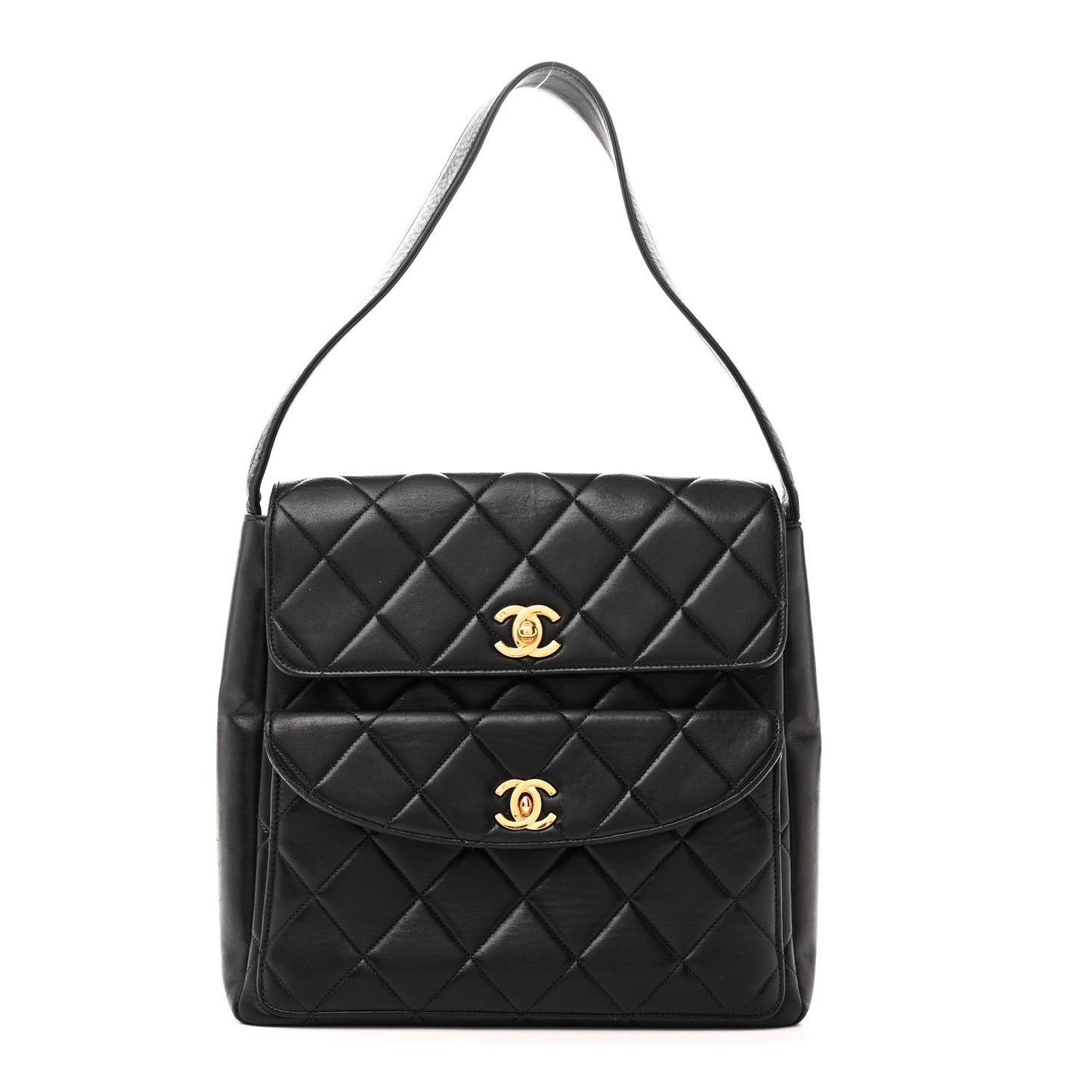 Lambskin Quilted Double Pocket Shoulder Bag Black