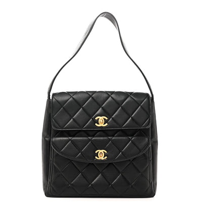 Lambskin Quilted Double Pocket Shoulder Bag Black