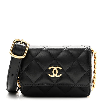 Lambskin Quilted Enamel Mini Belt Bag Black