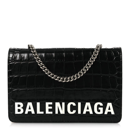 Shiny Calfskin Logo Crocodile Embossed Ville Wallet on Chain Black