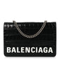 Shiny Calfskin Logo Crocodile Embossed Ville Wallet on Chain Black