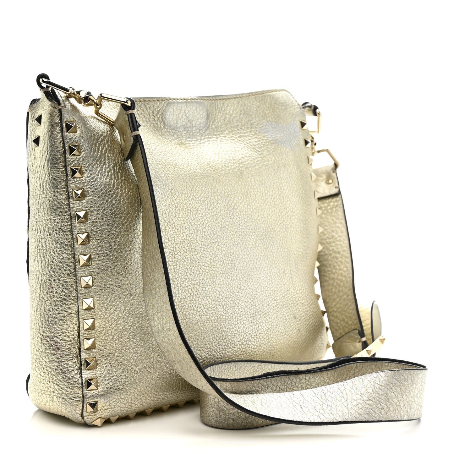 Metallic Pebbled Calfskin Small Rockstud Flip-Lock Messenger Bag Platino