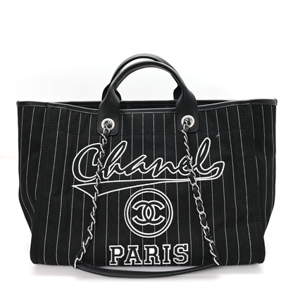 Canvas Calfskin Striped Medium Deauville Tote Black White