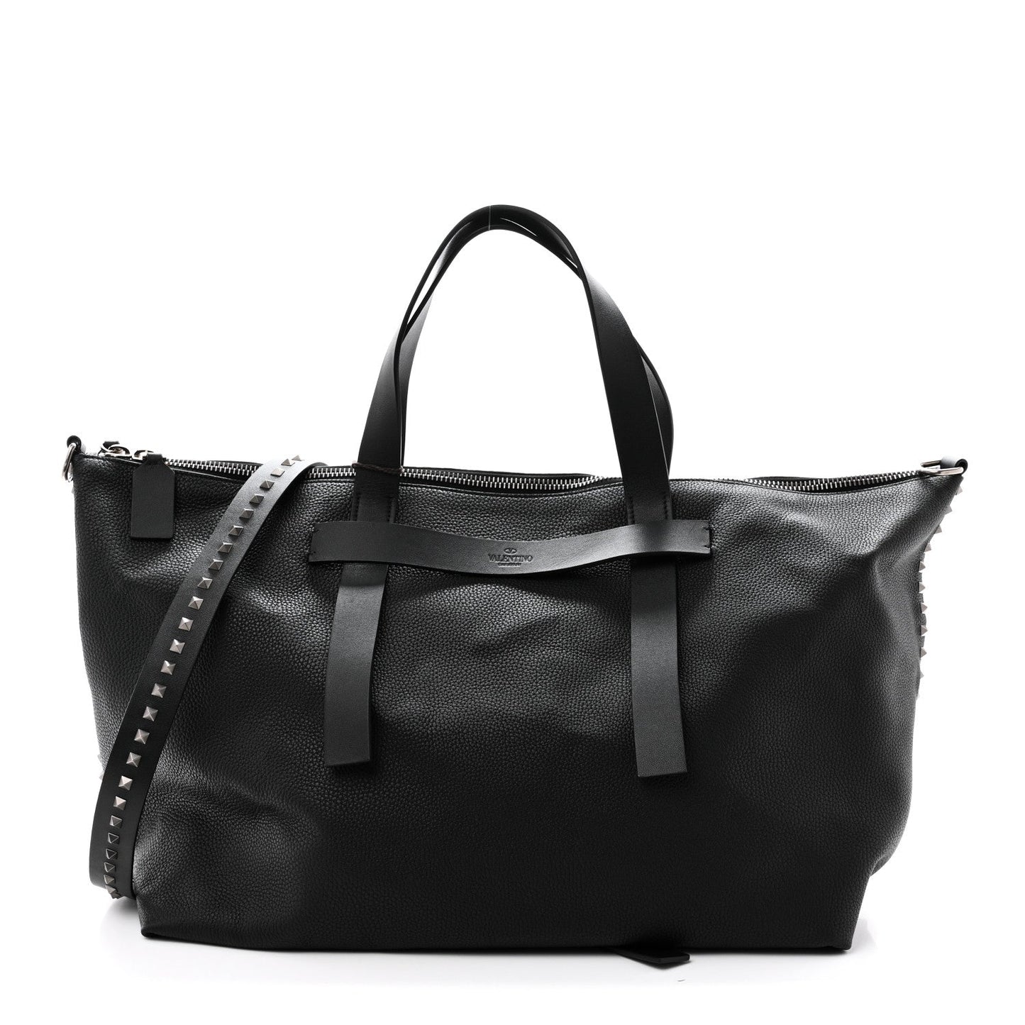 Grained Calfskin Rockstud Travel Tote Bag Black