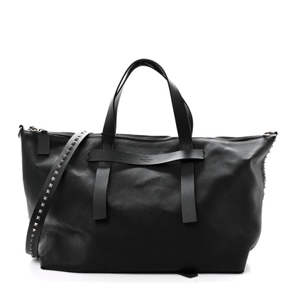 Grained Calfskin Rockstud Travel Tote Bag Black