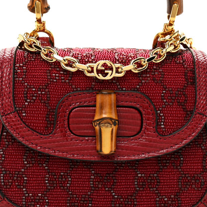 Moire Fabric Calfskin Rhinestone Monogram Monochrome Lizard Embossed Mini Bamboo 1947 Top Handle Chain Bag Red