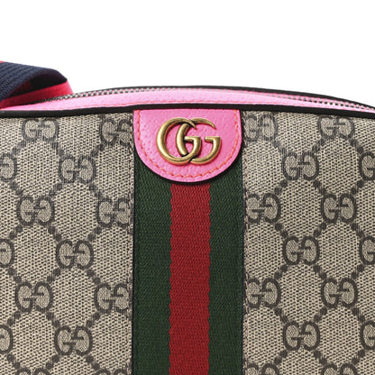 GG Supreme Monogram Textured Dollar Calfskin Web Ophidia Small Crossbody Bag Beige Ebony Fuchsia