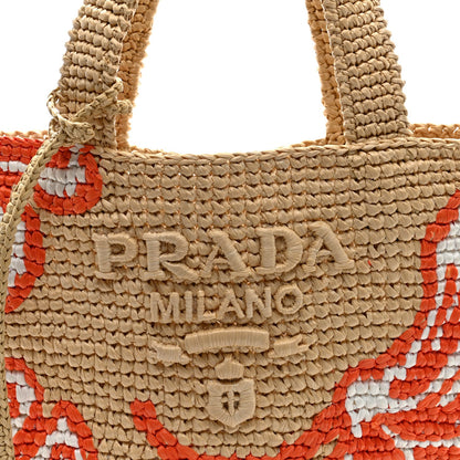 Yarn Raffia Effect Crochet Embroidered Floral Logo Tote Naturale Aranci