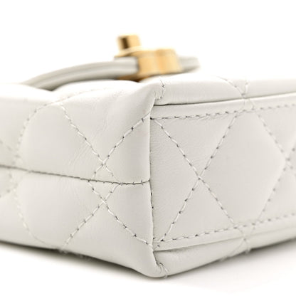 Shiny Aged Calfskin Quilted Mini Nano Kelly Shopper White