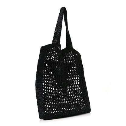 Yarn Raffia Effect Crochet Logo Embroidered Tote Bag Black