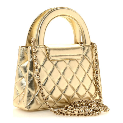 Metallic Shiny Aged Calfskin Quilted Nano Kelly Shopper Gold
