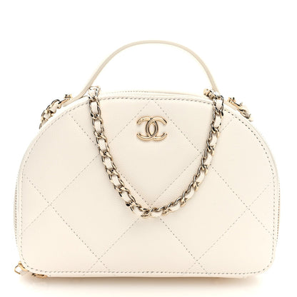 Grained Calfskin Quilted Top Handle Chain Clutch White