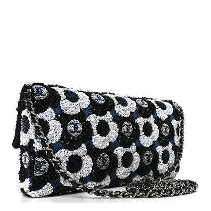 Satin Sequin Embellished Flower East West Flap Black White Blue