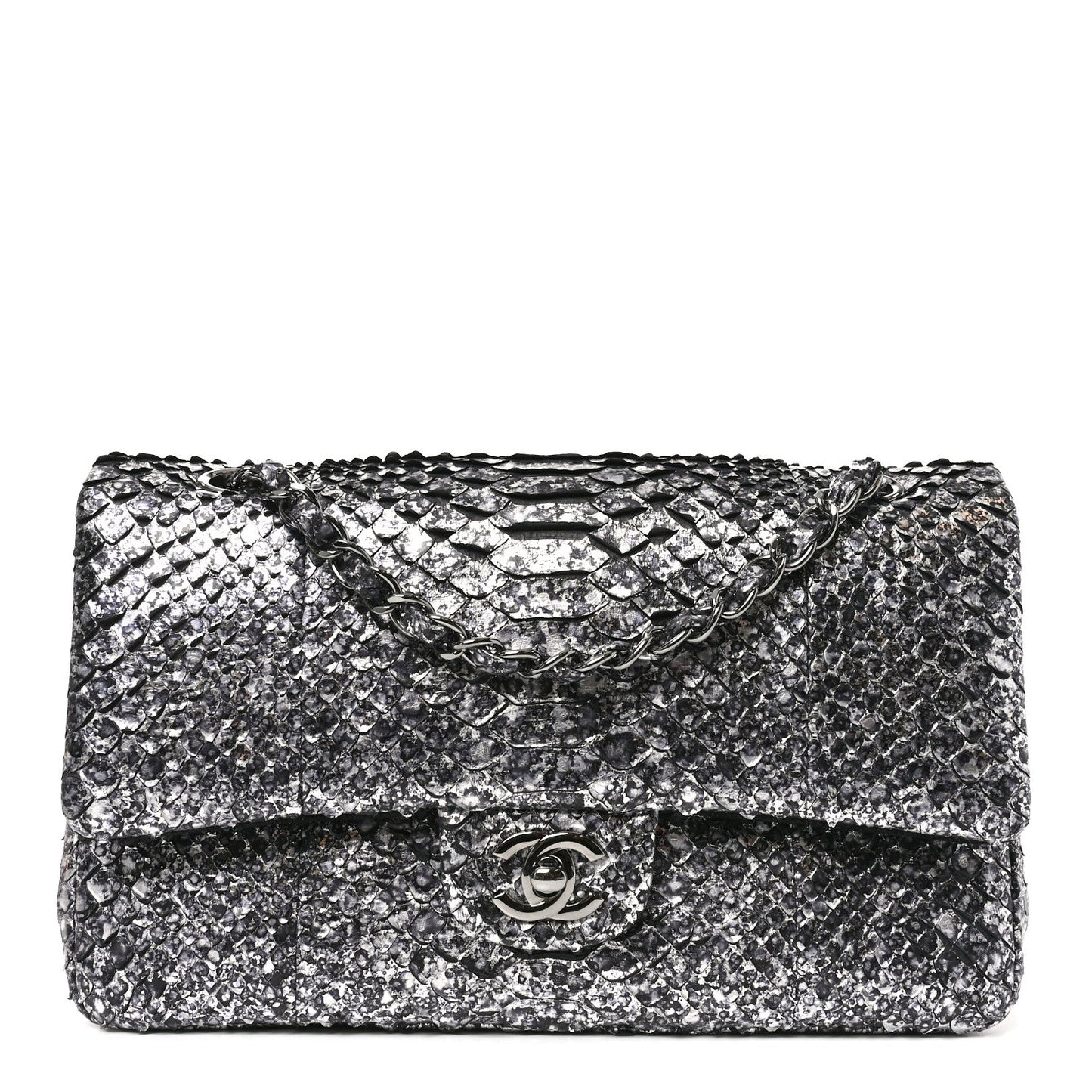 Metallic Snakeskin Medium Double Flap Black Silver