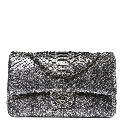 Metallic Snakeskin Medium Double Flap Black Silver