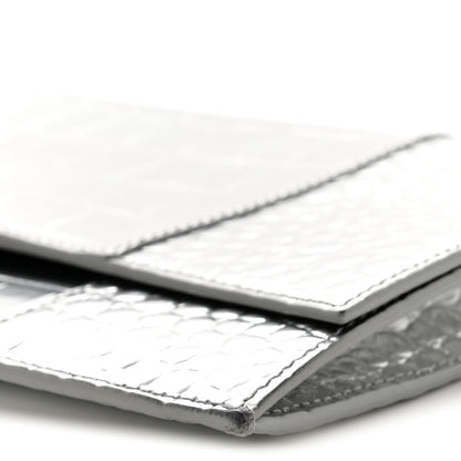 Metallic Calfskin Crocodile Embossed Hourglass Flap Flat Pouch Silver