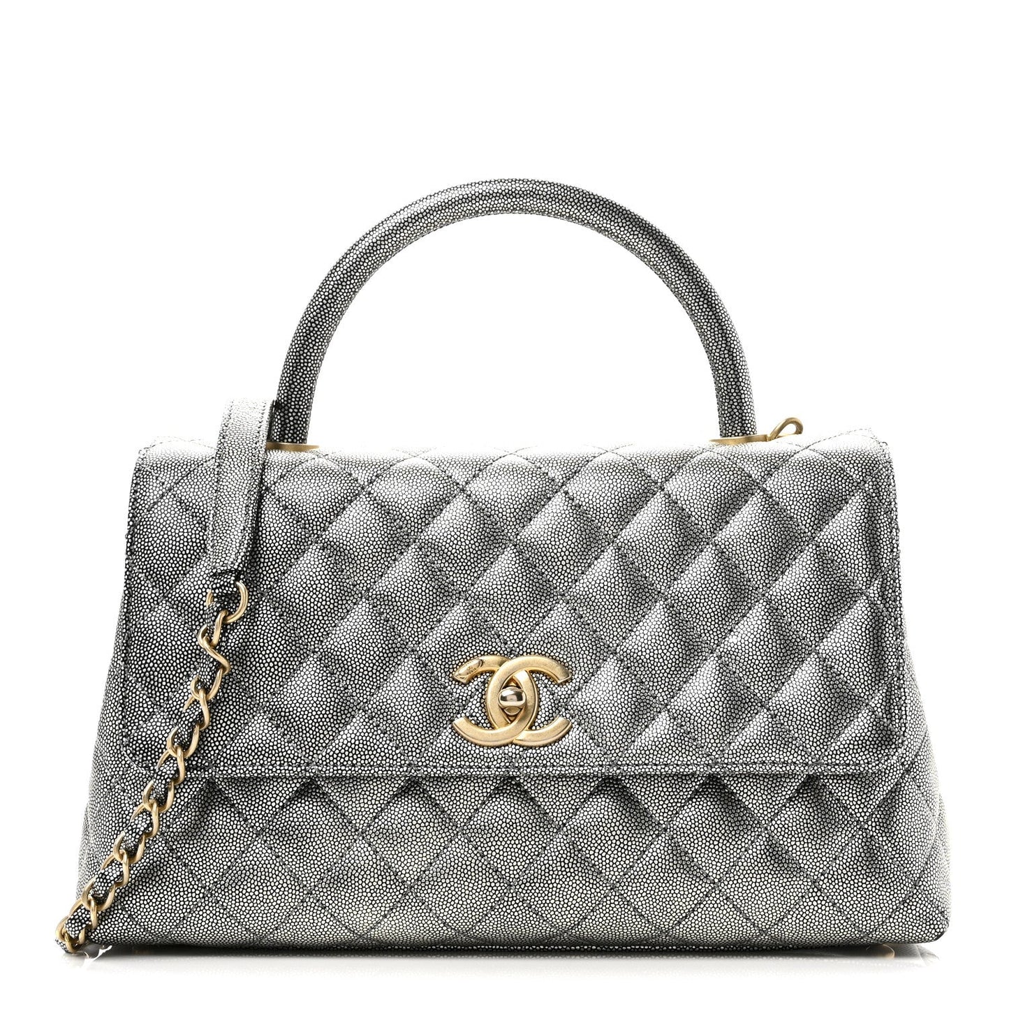 Metallic Caviar Quilted Small Coco Handle Flap Silver