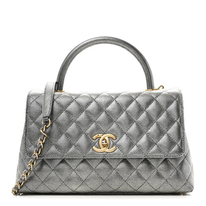Metallic Caviar Quilted Small Coco Handle Flap Silver