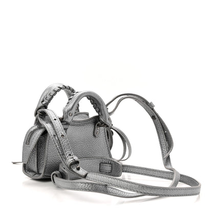 Metallic Grained Calfskin Neo Classic Hardware Super Nano City Crossbody Silver