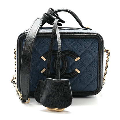 Caviar Quilted Small CC Filigree Vanity Case Navy Black