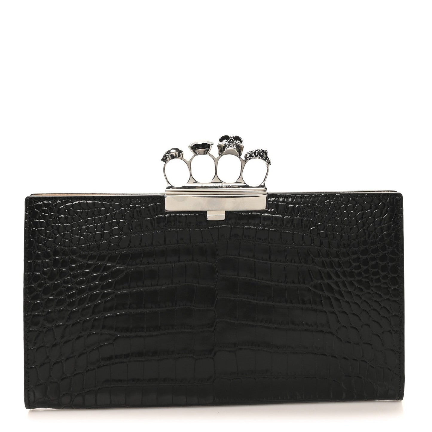 Calfskin Crocodile Embossed Knuckle Flat Clutch Black