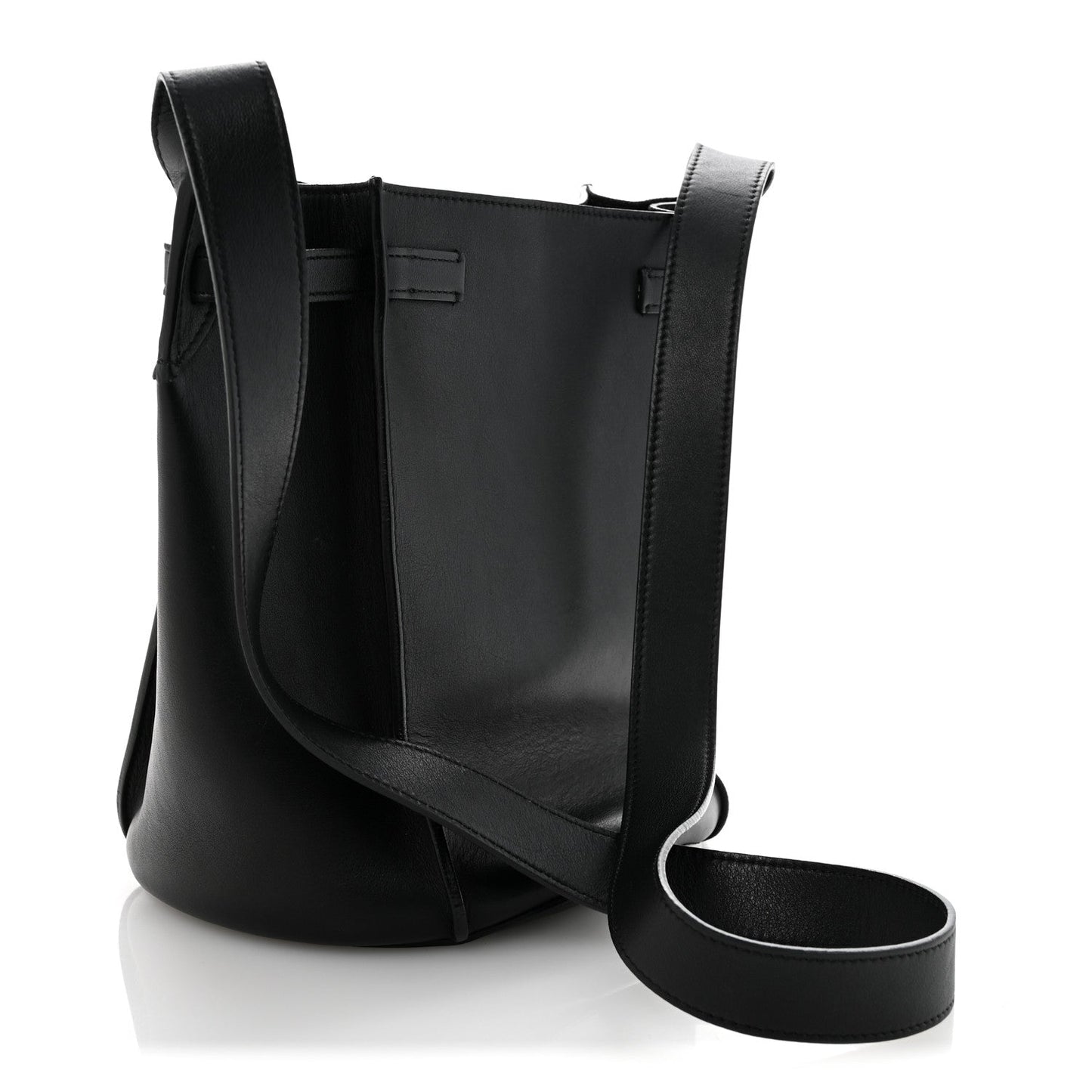 Supple Grained Calfskin Long Strap Big Bag Bucket Black