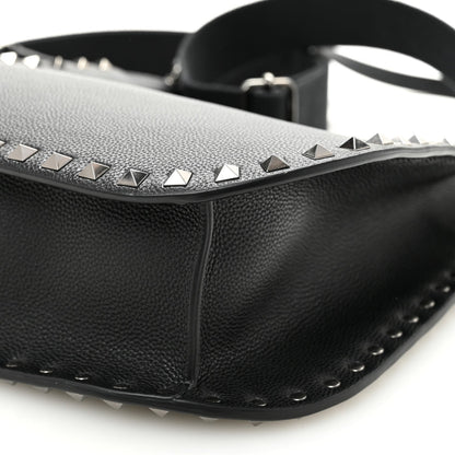 Grained Calfskin Rockstud Hobo Shoulder Bag Black
