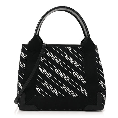 Cotton Canvas Calfskin Logo Print Navy Cabas XS Black White