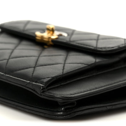 Lambskin Quilted Square Front Pocket Clutch With Chain Black