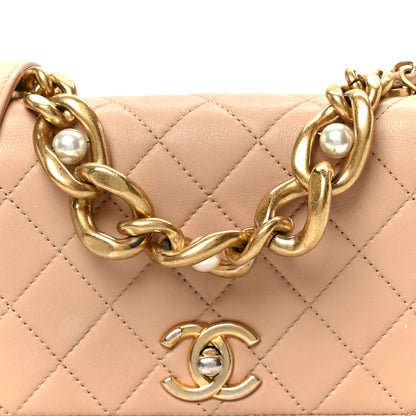 Calfskin Quilted Pearl Jewel Chain Flap Beige