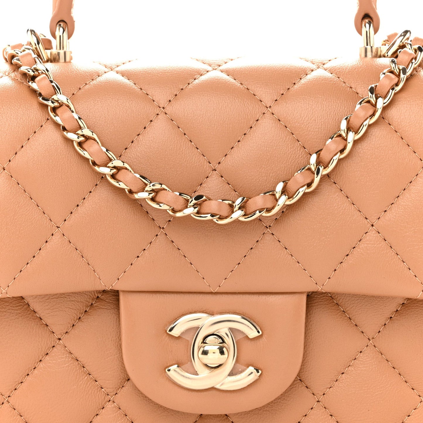 Lambskin Quilted Mini Top Handle Rectangular Flap Dark Beige