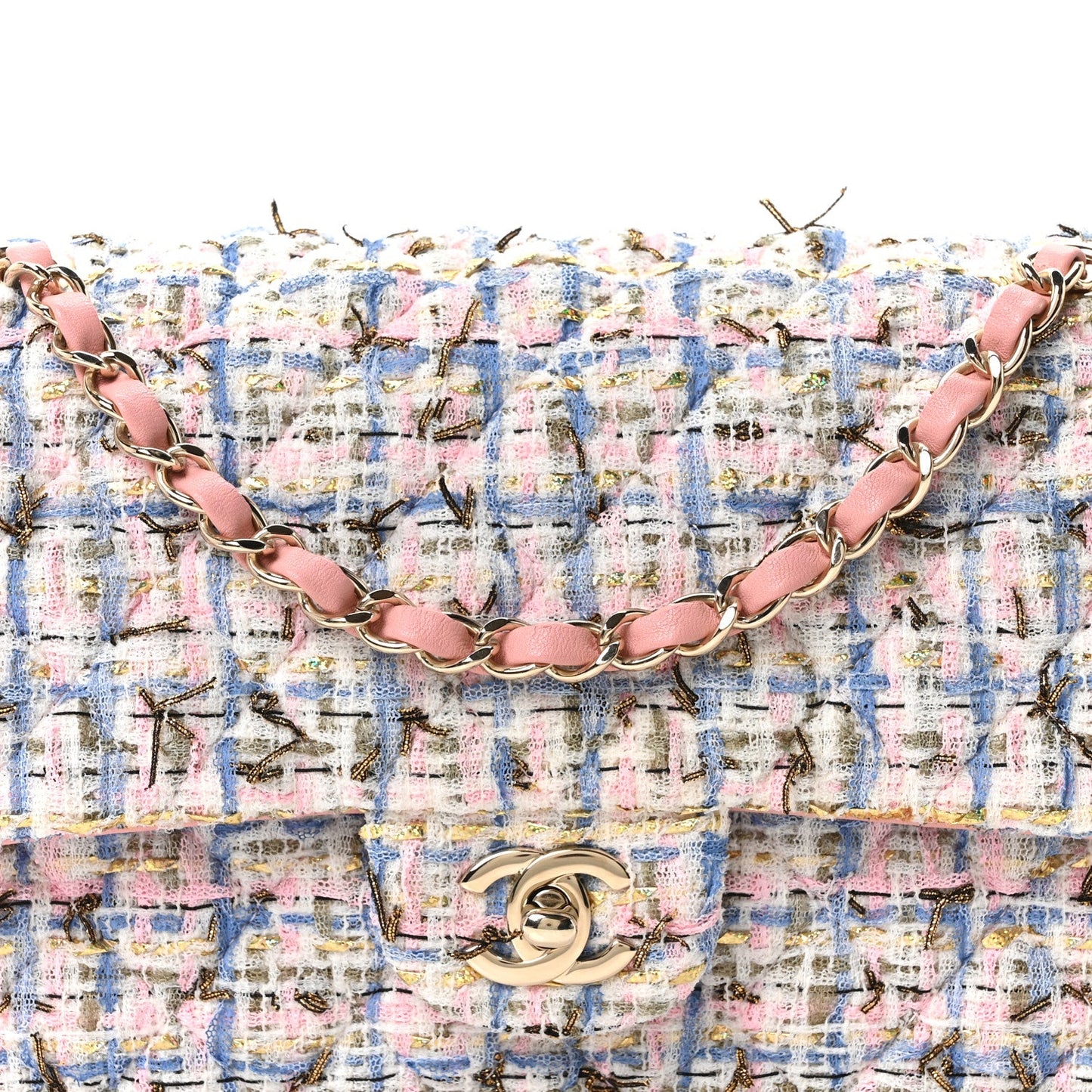 Tweed Quilted Medium Double Flap Blue Pink Gold White