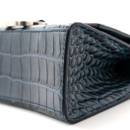 Shiny Calfskin Crocodile Embossed Hourglass Top Handle Bag XS Denim Blue