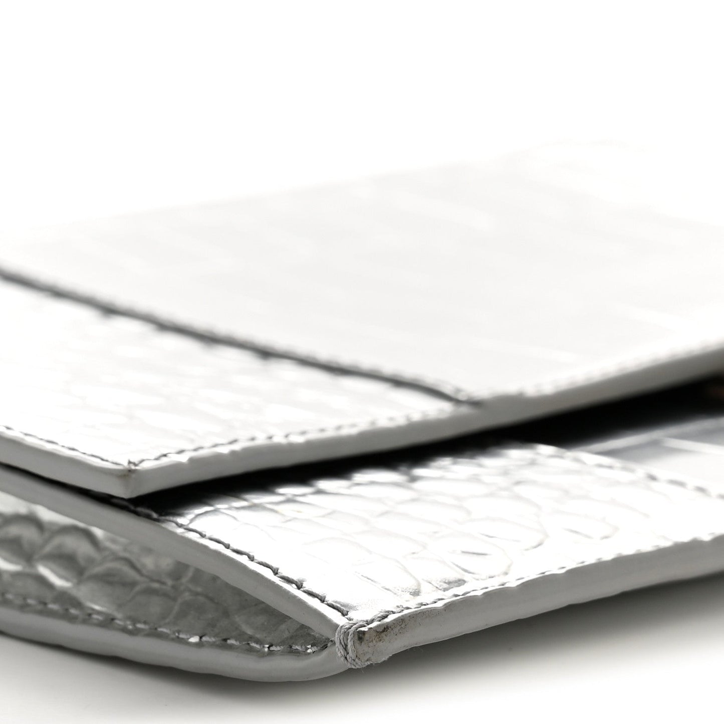 Metallic Calfskin Crocodile Embossed Hourglass Flap Flat Pouch Silver