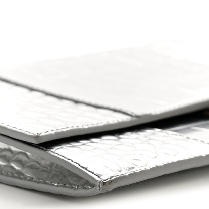 Metallic Calfskin Crocodile Embossed Hourglass Flap Flat Pouch Silver