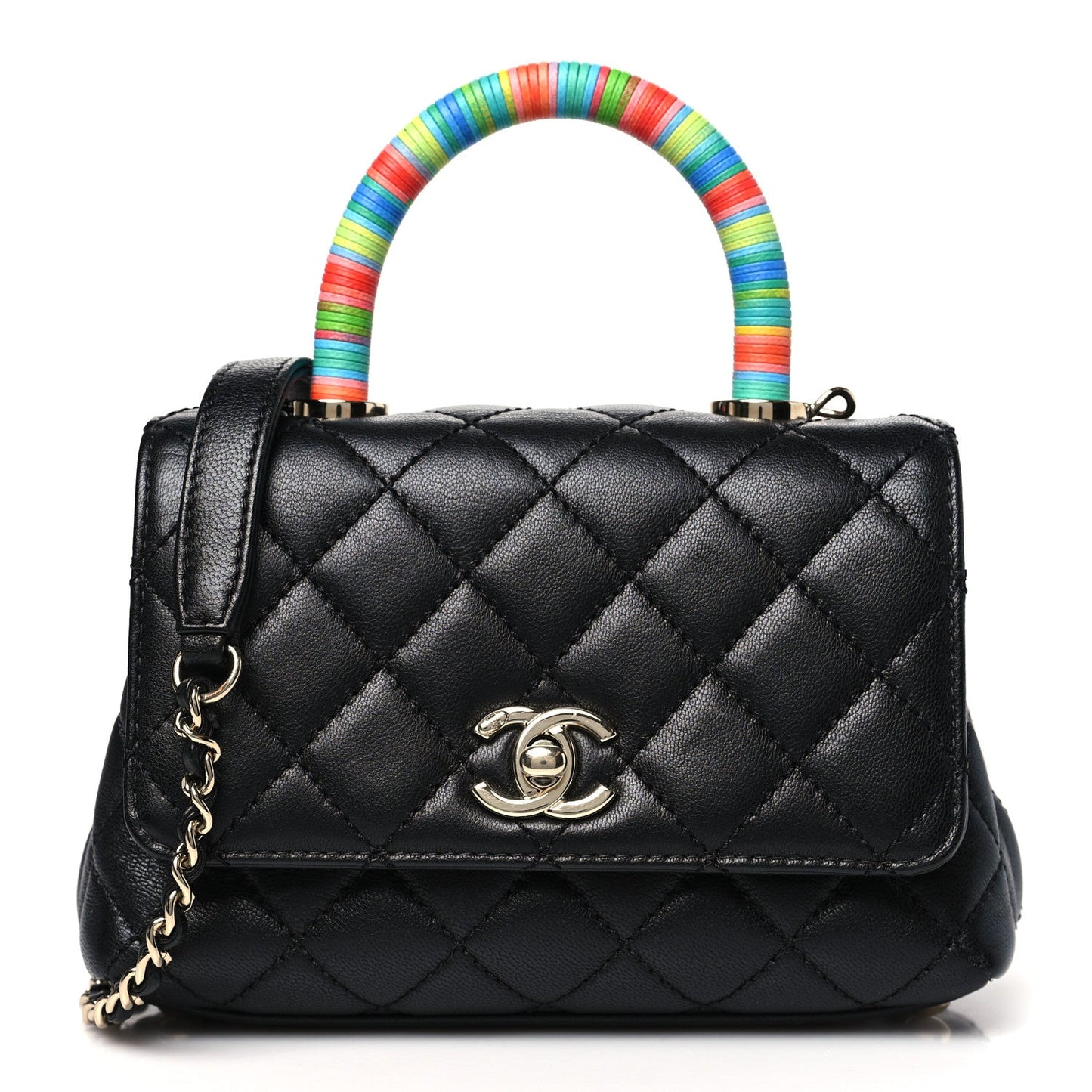 Goatskin Quilted Rainbow Extra Mini Coco Handle Flap Black
