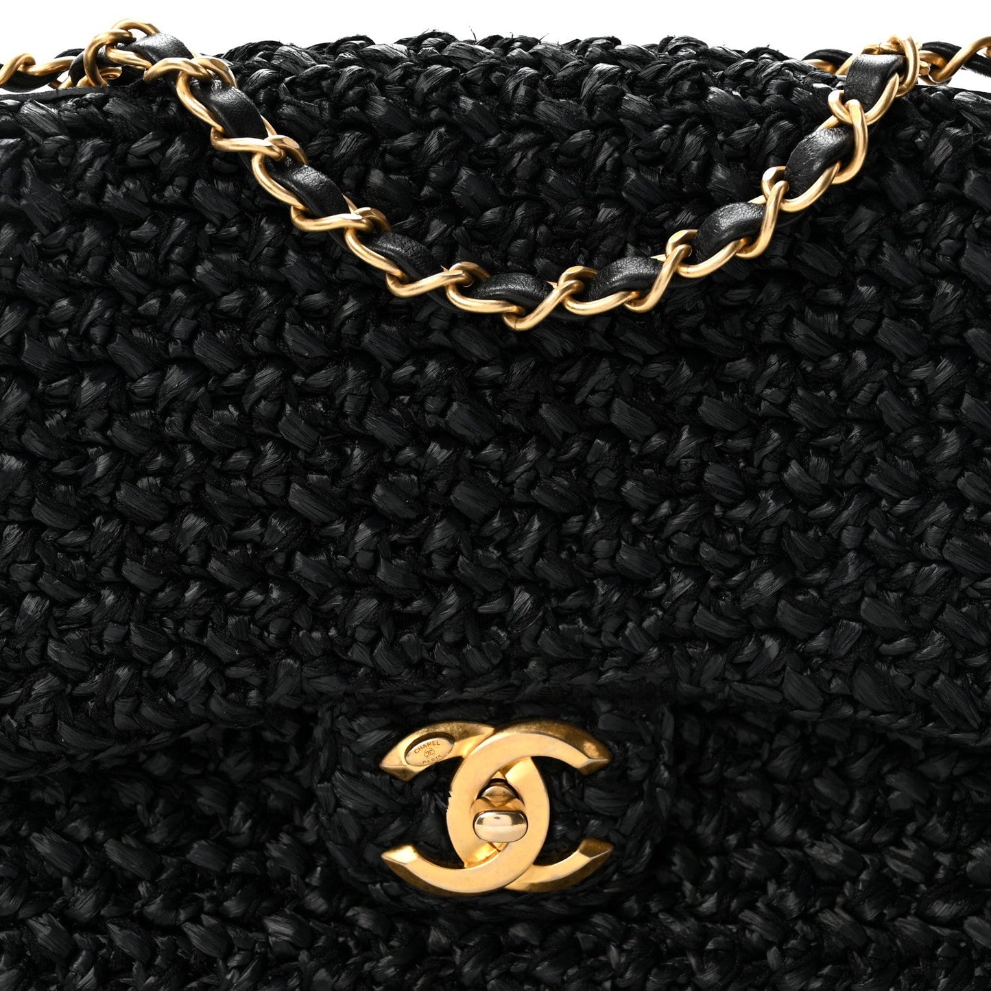 Raffia Crochet Paris Greece Medium Flap Bag Black